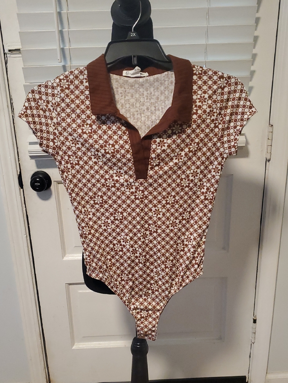 Birch And Stone Brown Geo-Print Polo Bodysuit with Ribbed Collar - Women